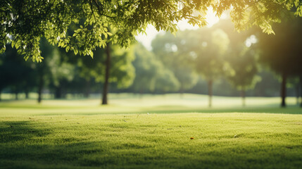 Wall Mural - Green lawn and trees background with copyspace. Nature background concept. Generative AI