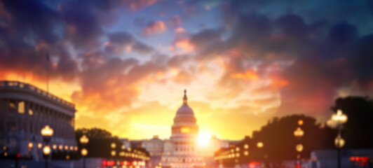 Blurred background of US Capitol at sunset
