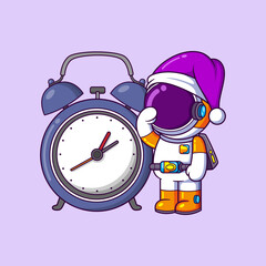 Wall Mural - Cute astronaut wake up in the morning and a big clock