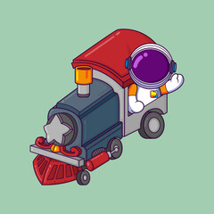 Wall Mural - Cute astronaut riding a real size toy train