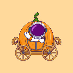 Wall Mural - Cute astronaut in pumpkin's carriage