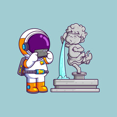 Wall Mural - Cute astronaut takes a picture of a bronze sculpture cartoon character