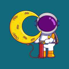 Wall Mural - Cute astronaut pumps up a balloon of a moon cartoon character