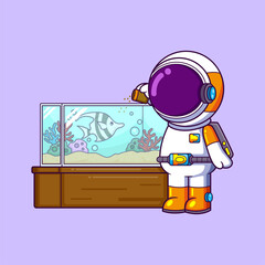 Wall Mural - Cute astronaut feeding fish in aquarium cartoon character
