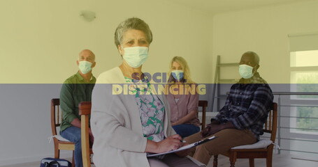 Sticker - Image of social distancing text over senior people wearing face masks