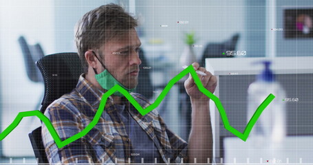 Poster - Image of statistics recording with green line over man in office wearing face mask