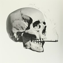 A Black And White Drawing Of A Skull With A Cigarette In Its Teeth. The Concept Of The Harm Of Smoking And Health.