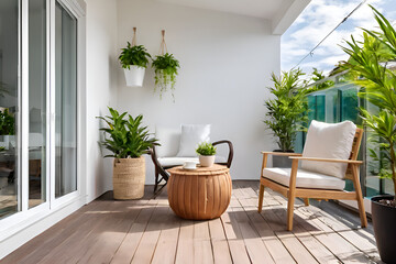 modern small place with cozy one armchair with table in veranda. A Small plant pot. White walls. Full relaxing place