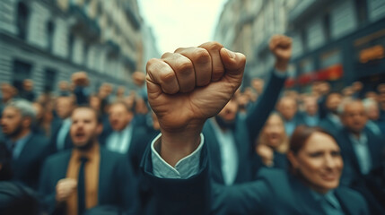 Wall Mural - group of people celebrating victory, hand up, generative ai