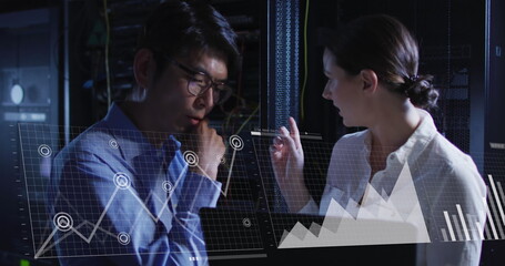 Poster - Image of graphs over diverse man and woman working in server room