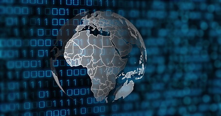 Wall Mural - image of globe and binary code on black background