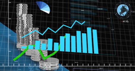 Image of financial data processing over stack of silver coins