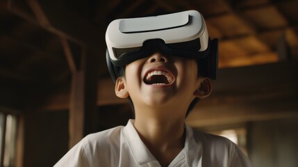 Canvas Print - A joyful 12-year-old  boy smiles while using a  headset, immersed in a world of imagination. Generative AI.