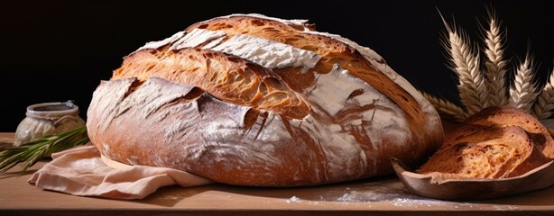 Poster - Fresh bread on a wooden table with wheat and sprigs of rosemary. Generative AI.