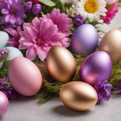  Floral springtime Easter card template with purple and pink flowers and beautiful brightly decorated Easter eggs, with copyspace