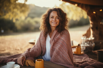 Wall Mural - Smiling woman enjoying morning coffee at camping site. Outdoor relaxation.