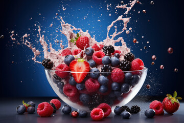 Wall Mural - Splashing milk in bowl of fresh berries on dark background. Healthy food and lifestyle.