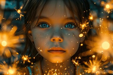 Wall Mural - A little girl with blue eyes is surrounded by sparklers. Generative AI.