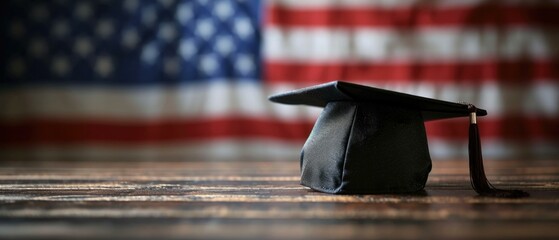 Wall Mural - Graduation cap on a table in front of an american flag. Generative AI.