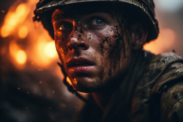 Wall Mural - Focused soldier with mud on face during combat operation. Military action and determination.