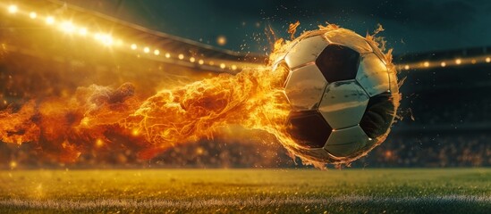 Wall Mural - Fiery soccer ball speeds towards stadium field.