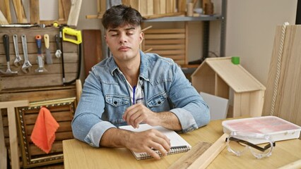 Canvas Print - Attractive young hispanic man, a professional carpenter, sitting with arms crossed, smiling at work in his bustling woodworking studio.