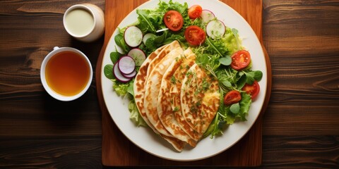 Wall Mural - Breakfast in a restaurant: pancake with salad, veggies, and meat, served on a wooden table. Overhead view with a soft focus, copy space, and wooden background.