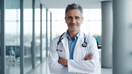 Wall Mural - A cheerful mature doctor posing and smiling at the camera in a modern hospital setting. Copy space available