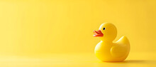 Υellow Rubber Duck Toys Isolated On Yellow Background. Copy Space, Mock Up. Side View.