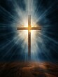 cross of jesus christ on sorrow darkness and bright light and rays background, copy space - generative ai