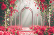 3d empty product display podium designed for presentations. Misty archways lead through an enchanted garden of red roses, creating a dreamlike atmosphere of romance.
