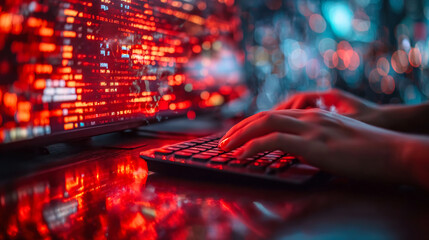 Close-up of hands typing on a backlit keyboard with a glowing red cybercode display, depicting a cyber-security professional at work in a dark room