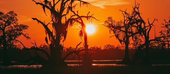 Poster - Swamp trees forming silhouettes as the sun sets.