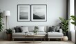 © Chubby Studio - Blank horizontal poster frame mock up in scandinavian style living room interior, modern living room interior background, beige sofa and pampas grass, 3d rendering