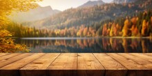 The Empty Wooden Table Top With Blur Background Of Lake And Mountain In Autumn. Exuberant Image. Generative Ai