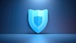 Blue shield icon on dark background. Generative AI.