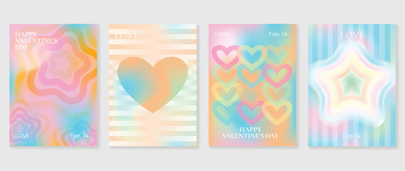 Wall Mural - Abstract gradient Y2K style template cover vector set. Happy Valentine's Day decorate with trendy gradient heart, stars, y2k colorful background. Design for greeting card, fashion, commercial, banner.