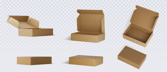 Wall Mural - Brown cardboard box mockups set isolated on grey background. Vector realistic illustration of open and closed 3d carton packages for shoes, mail delivery, gift parcel packaging with blank surface