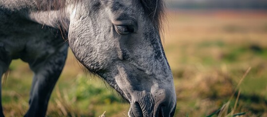 Sticker - Close-up image of a gray horse licking a hanging mineral lick in its field, providing essential nutrients for animal well-being.