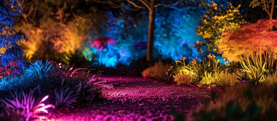 Wall Mural - Colorful plant illumination in the backyard using ambient garden lighting at night.