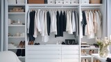 Fototapeta Mapy - Stylish clothes and accessories on a modern white wardrobe. Luxury variety of clothing and apparel on rack in house room. Generative AI