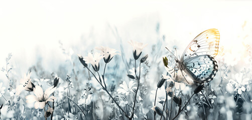 Wall Mural - wild soft flowers in the meadow and flying butterfly