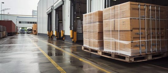 Wall Mural - Plastic-wrapped packaging boxes loaded onto pallets, then into a cargo container at a loading dock. They are transported by shipping trucks in the supply chain for distribution to a warehouse via