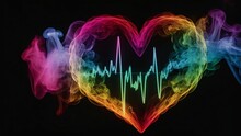 Rainbow Smoky Heart Beat On Black Background.