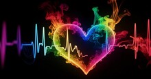 Rainbow Smoky Heart Beat On Black Background.