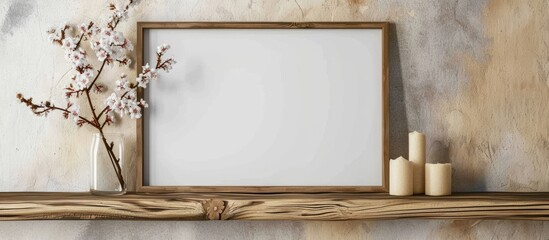 Wall Mural - Wooden shelf displaying a blank frame with minimal bohemian style.