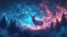 Multichromatic Synthwave Painting Of Aspiritual Deer Over Asacred Grove Its Body Is Made Of Cosmic  Generative AI