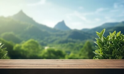 Sticker - A wooden table with green plants in the background. Generative AI.