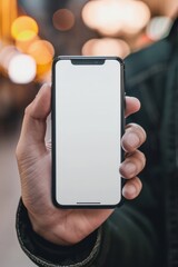 Mockup image of a man's hand holding black mobile phone with blank white screen on blurred background