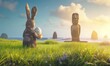 Happy Easter Bunny! Stone Rabbit holding an Easter egg on Easter Island - Rapa Nui with Moai statues and Ocean in the background
